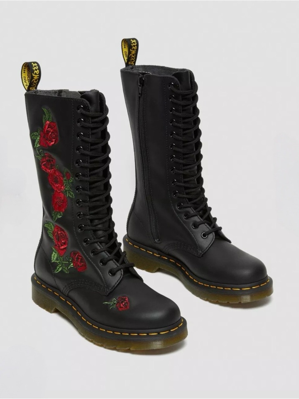 Dr. Martens Black Lace-Up High Shaft Boots with Red Rose Embroidery